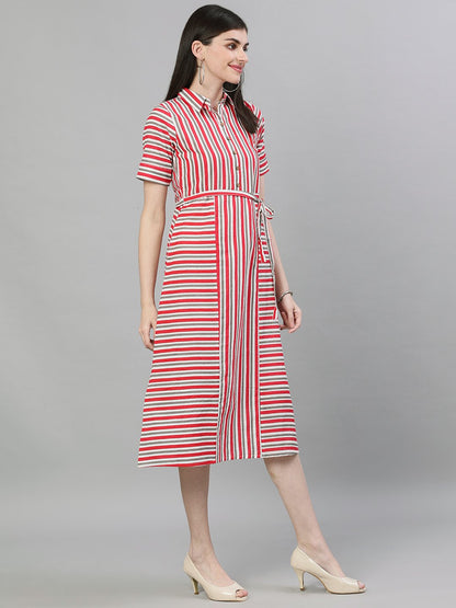 Women's Red Striped Striped Shirt Collar Cotton A-Line Dress