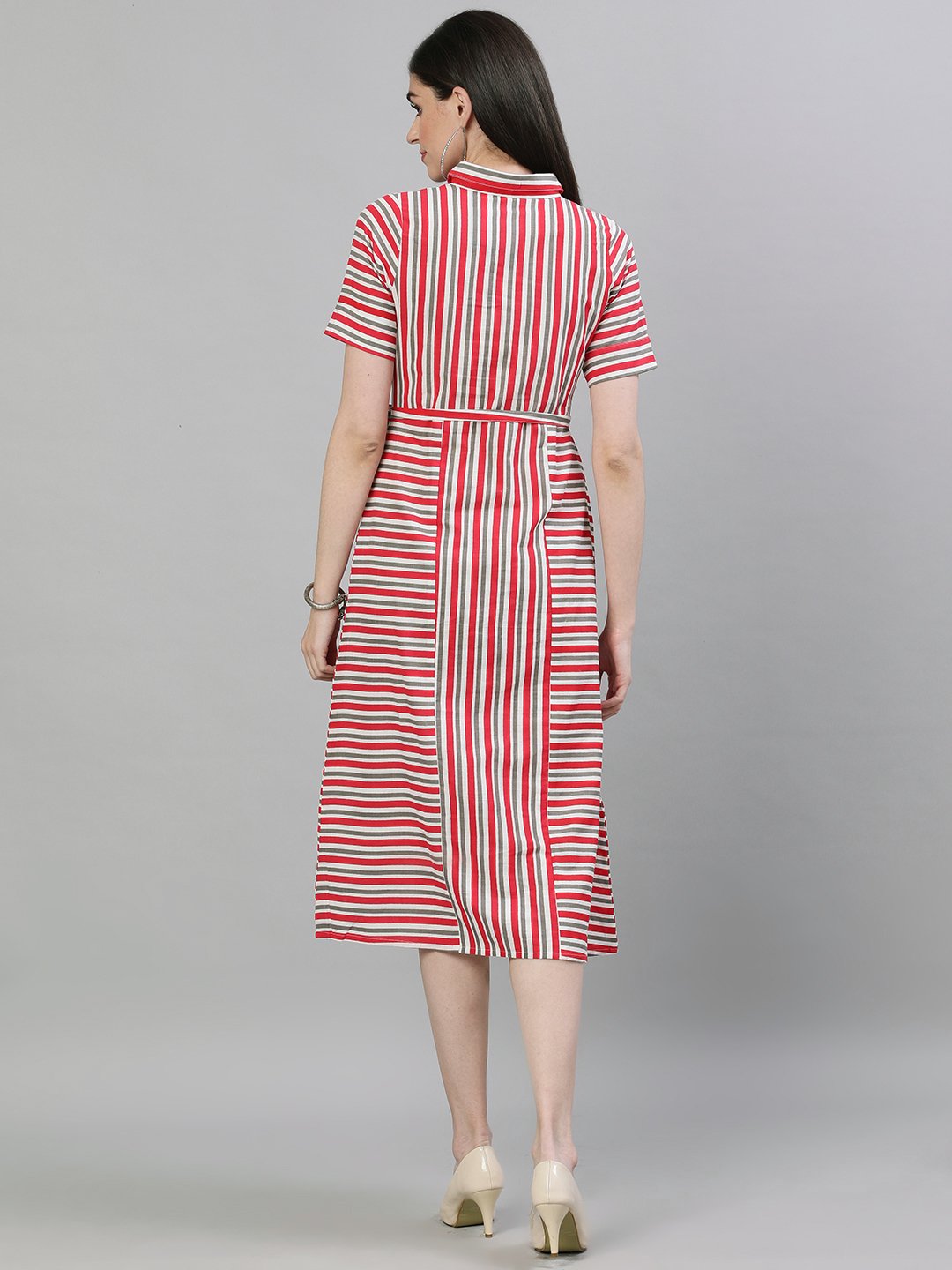 Women's Red Striped Striped Shirt Collar Cotton A-Line Dress