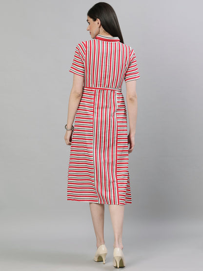 Women's Red Striped Striped Shirt Collar Cotton A-Line Dress