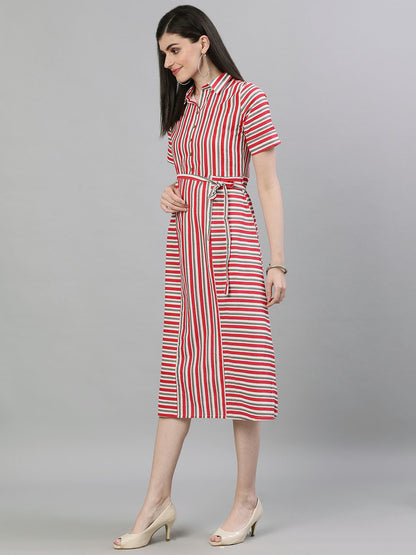 Women's Red Striped Striped Shirt Collar Cotton A-Line Dress