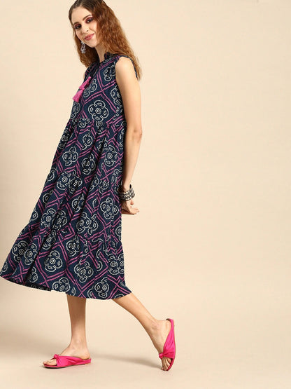 Women's Indigo Blue Calf Length Sleeveless A-Line Bandhani Printed Cotton Kurta