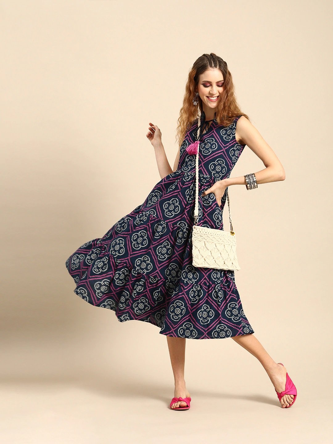 Women's Indigo Blue Calf Length Sleeveless A-Line Bandhani Printed Cotton Kurta