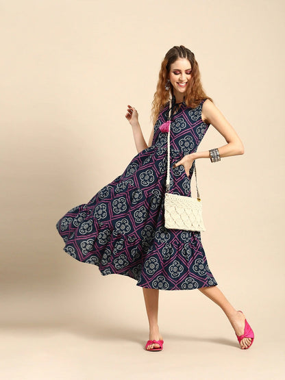 Women's Indigo Blue Calf Length Sleeveless A-Line Bandhani Printed Cotton Kurta