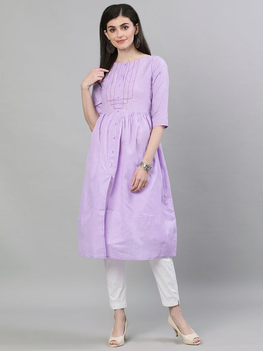 Women's Lavender Calf Length Three-Quarter Sleeves A-Line Solid Solid Cotton Kurta