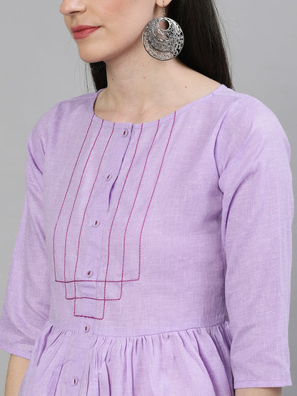 Women's Lavender Calf Length Three-Quarter Sleeves A-Line Solid Solid Cotton Kurta