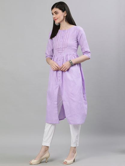 Women's Lavender Calf Length Three-Quarter Sleeves A-Line Solid Solid Cotton Kurta