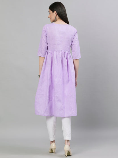 Women's Lavender Calf Length Three-Quarter Sleeves A-Line Solid Solid Cotton Kurta