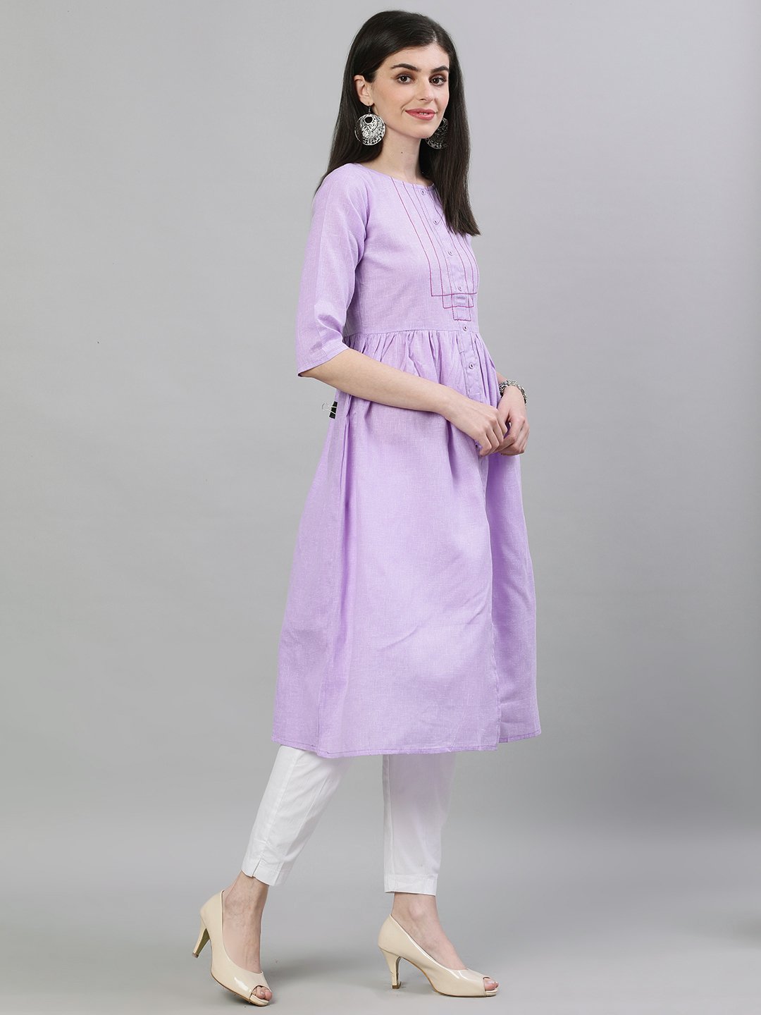 Women's Lavender Calf Length Three-Quarter Sleeves A-Line Solid Solid Cotton Kurta