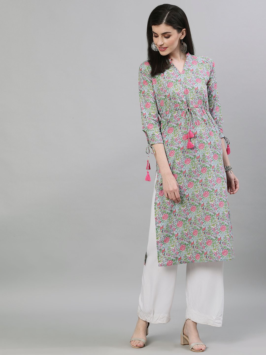 Women's Light Grey Calf Length Three-Quarter Sleeves A-Line Floral Printed Cotton Kurta