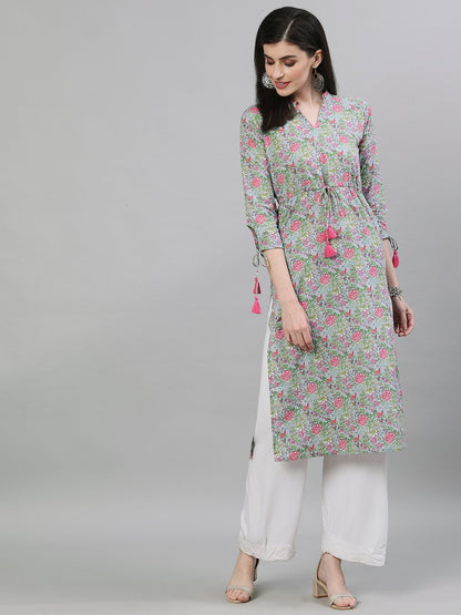 Women's Light Grey Calf Length Three-Quarter Sleeves A-Line Floral Printed Cotton Kurta