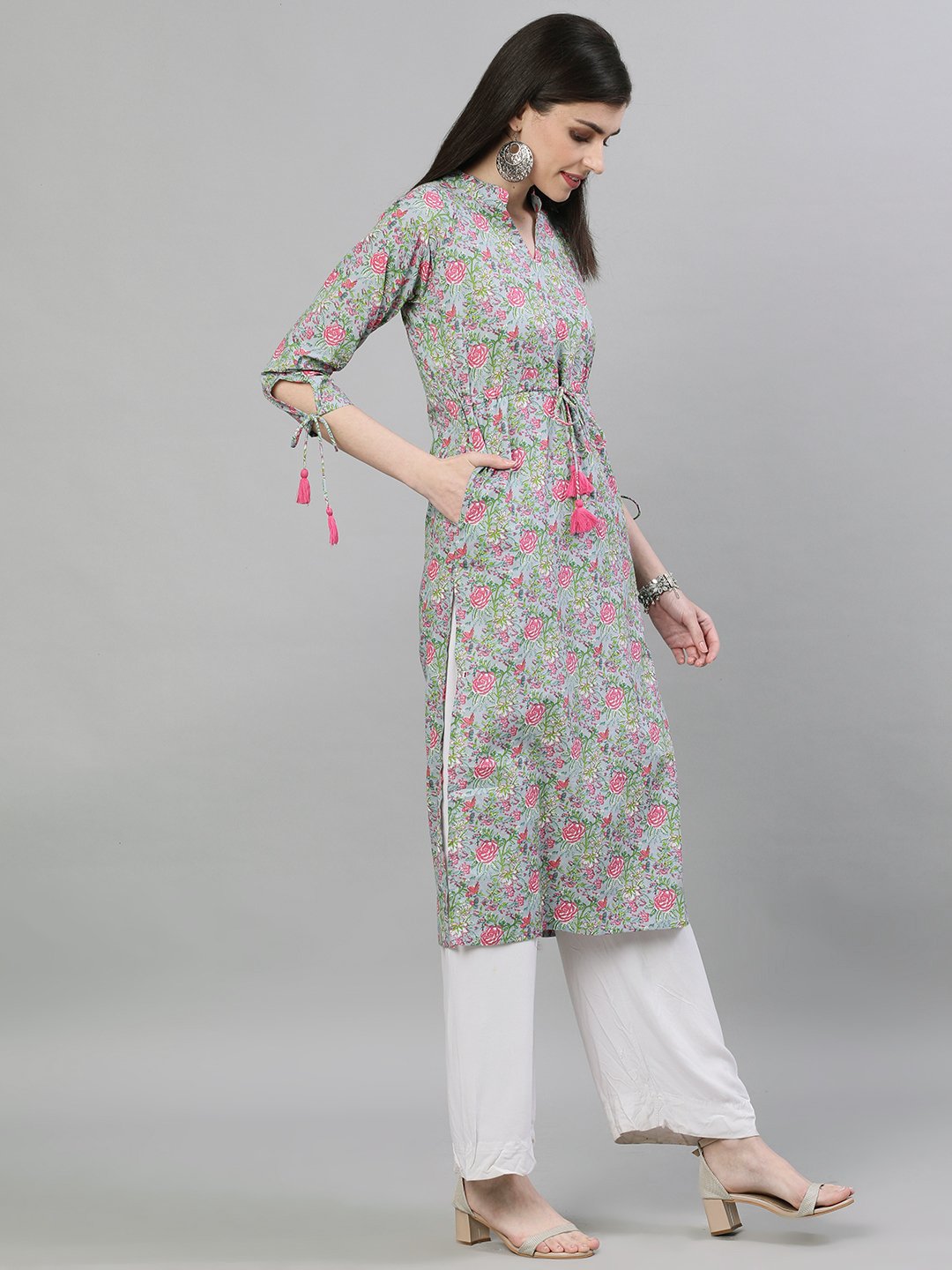 Women's Light Grey Calf Length Three-Quarter Sleeves A-Line Floral Printed Cotton Kurta