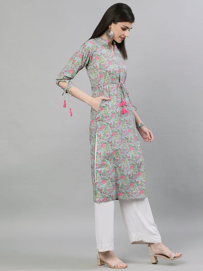 Women's Light Grey Calf Length Three-Quarter Sleeves A-Line Floral Printed Cotton Kurta