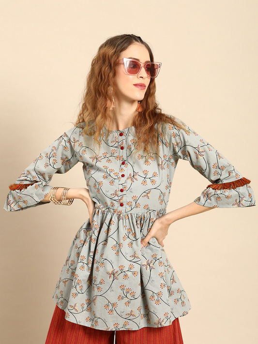 Women's Grey  Printed Flared Floral Knitted Cotton Kurti