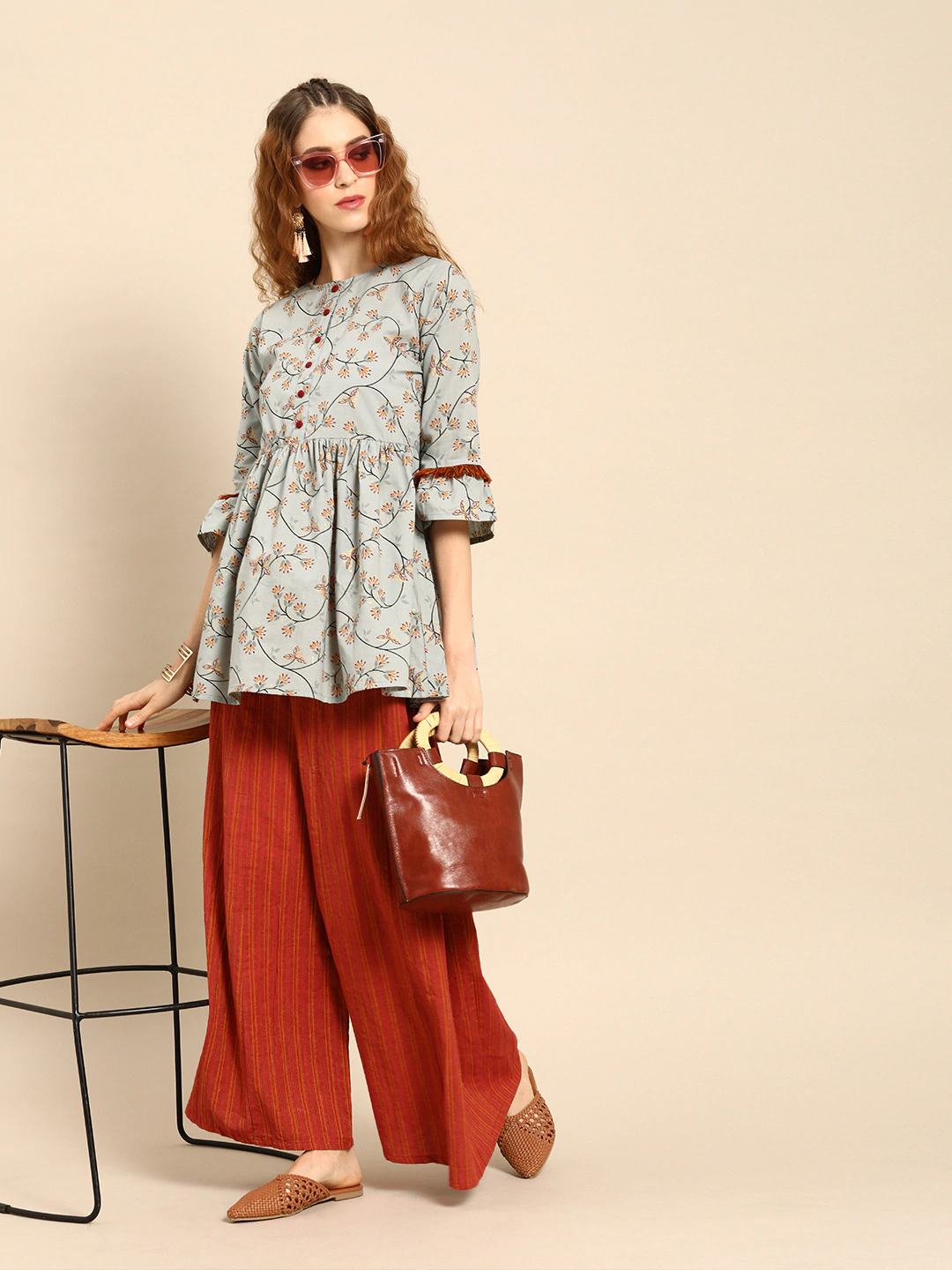 Women's Grey  Printed Flared Floral Knitted Cotton Kurti