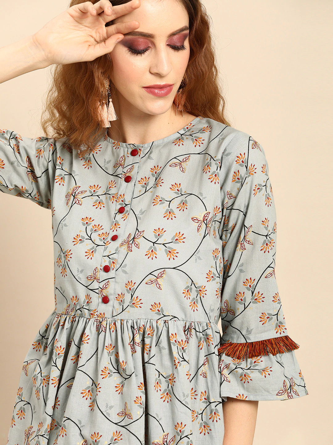 Women's Grey  Printed Flared Floral Knitted Cotton Kurti