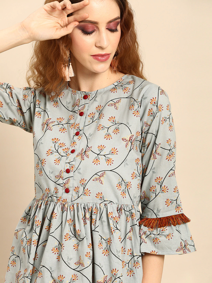 Women's Grey  Printed Flared Floral Knitted Cotton Kurti