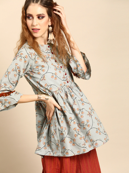 Women's Grey  Printed Flared Floral Knitted Cotton Kurti