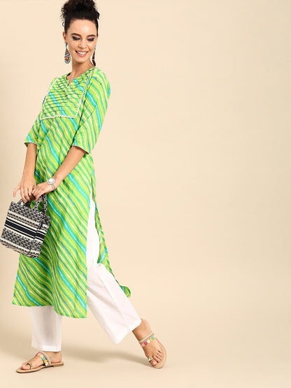 Women's Green Three-Quarter Sleeves Striped Straight Cotton Kurta With Palazzo Set
