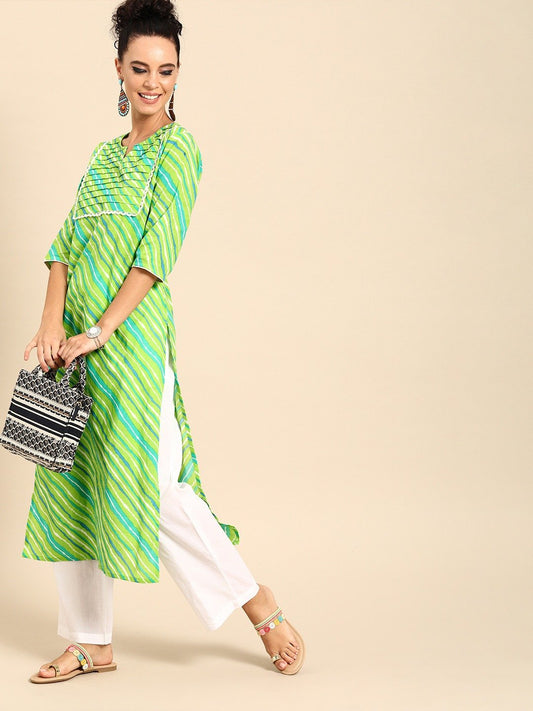 Women's Green Three-Quarter Sleeves Striped Straight Cotton Kurta With Palazzo Set