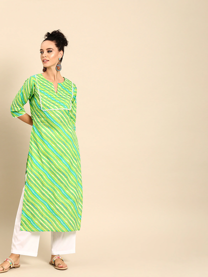 Women's Green Three-Quarter Sleeves Striped Straight Cotton Kurta With Palazzo Set
