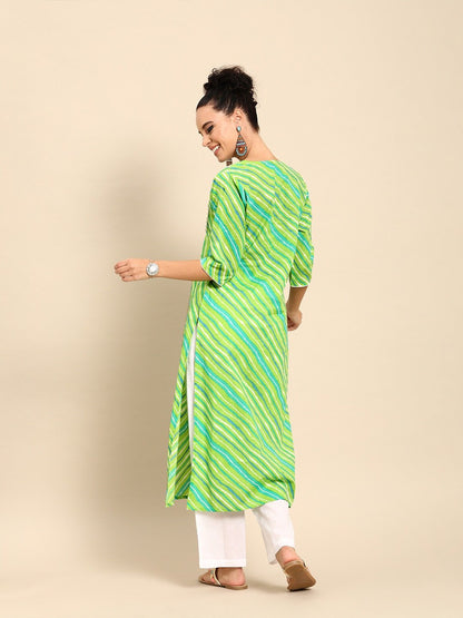 Women's Green Three-Quarter Sleeves Striped Straight Cotton Kurta With Palazzo Set
