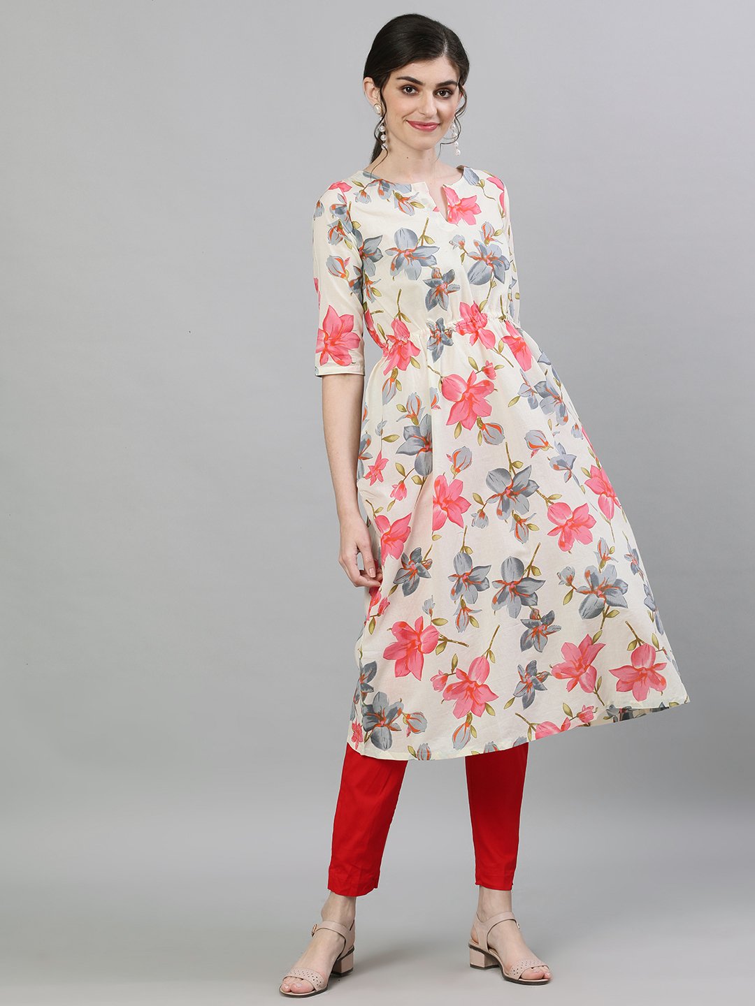 Women's Cream Calf Length Three-Quarter Sleeves A-Line Floral Printed Cotton Kurta