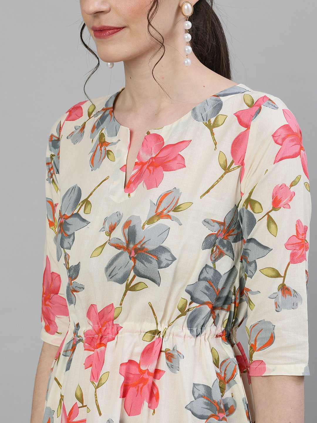 Women's Cream Calf Length Three-Quarter Sleeves A-Line Floral Printed Cotton Kurta