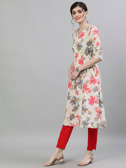 Women's Cream Calf Length Three-Quarter Sleeves A-Line Floral Printed Cotton Kurta