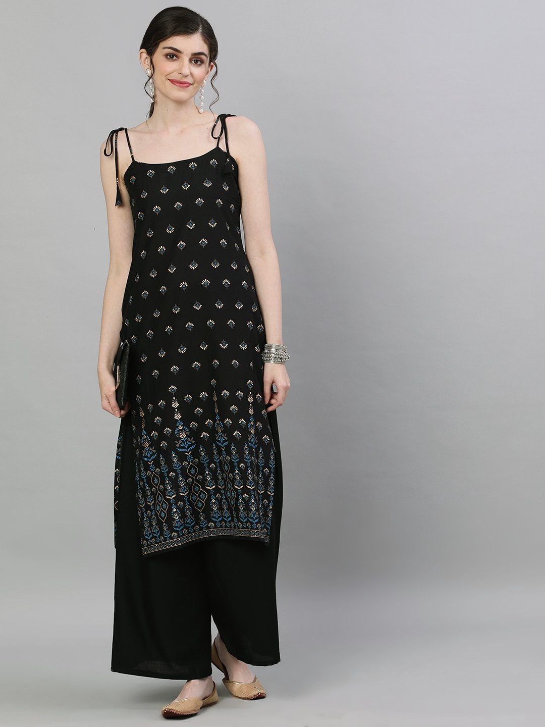 Women's Black Calf Length Sleeveless Straight Ethnic Motifs Printed Cotton Kurta