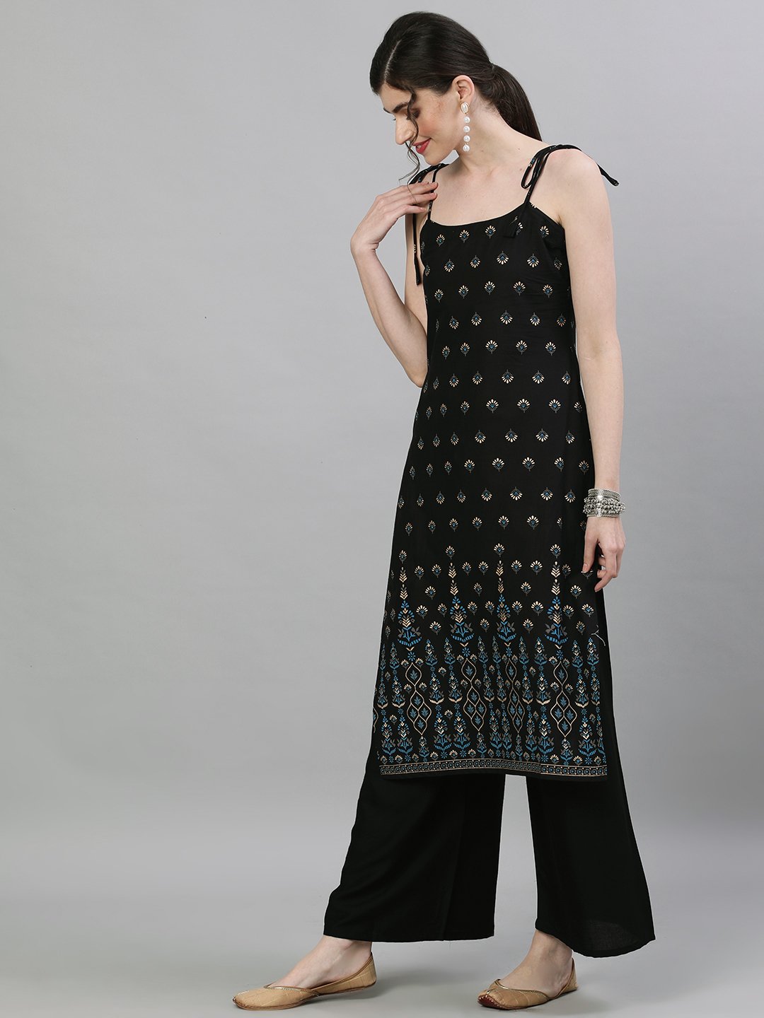 Women's Black Calf Length Sleeveless Straight Ethnic Motifs Printed Cotton Kurta