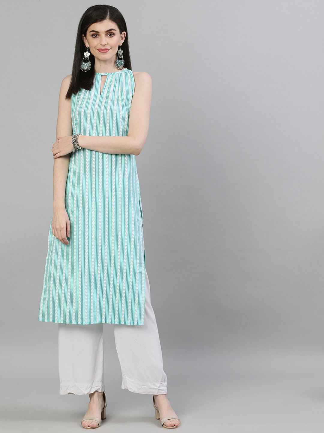 Women's Aqua Green Calf Length Sleeveless Straight Striped Printed Cotton Kurta
