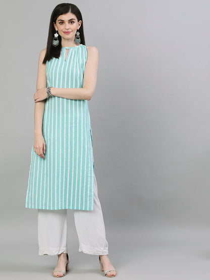 Women's Aqua Green Calf Length Sleeveless Straight Striped Printed Cotton Kurta
