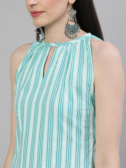 Women's Aqua Green Calf Length Sleeveless Straight Striped Printed Cotton Kurta