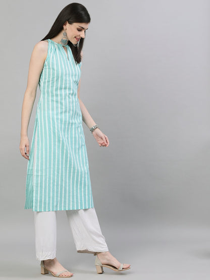 Women's Aqua Green Calf Length Sleeveless Straight Striped Printed Cotton Kurta