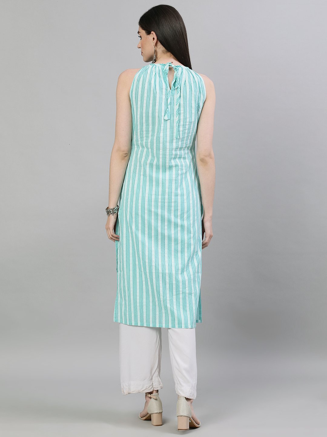Women's Aqua Green Calf Length Sleeveless Straight Striped Printed Cotton Kurta