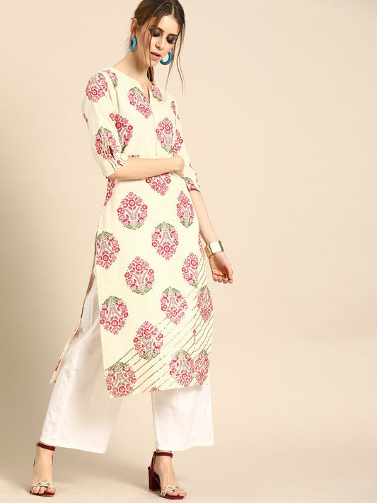 Women's Cream Calf Length Three-Quarter Sleeves Straight Ethnic Motifs Printed Cotton Kurta