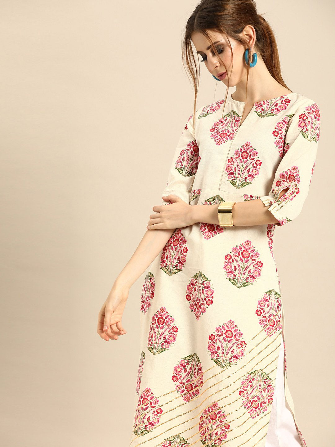 Women's Cream Calf Length Three-Quarter Sleeves Straight Ethnic Motifs Printed Cotton Kurta
