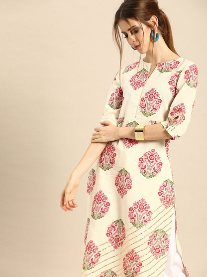Women's Cream Calf Length Three-Quarter Sleeves Straight Ethnic Motifs Printed Cotton Kurta