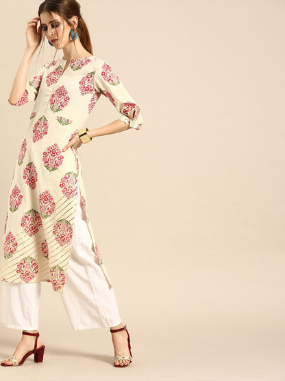 Women's Cream Calf Length Three-Quarter Sleeves Straight Ethnic Motifs Printed Cotton Kurta