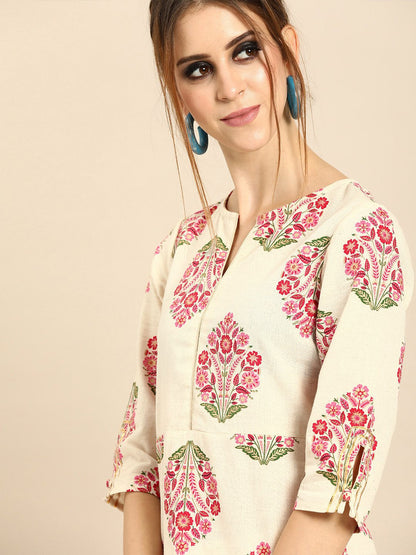 Women's Cream Calf Length Three-Quarter Sleeves Straight Ethnic Motifs Printed Cotton Kurta