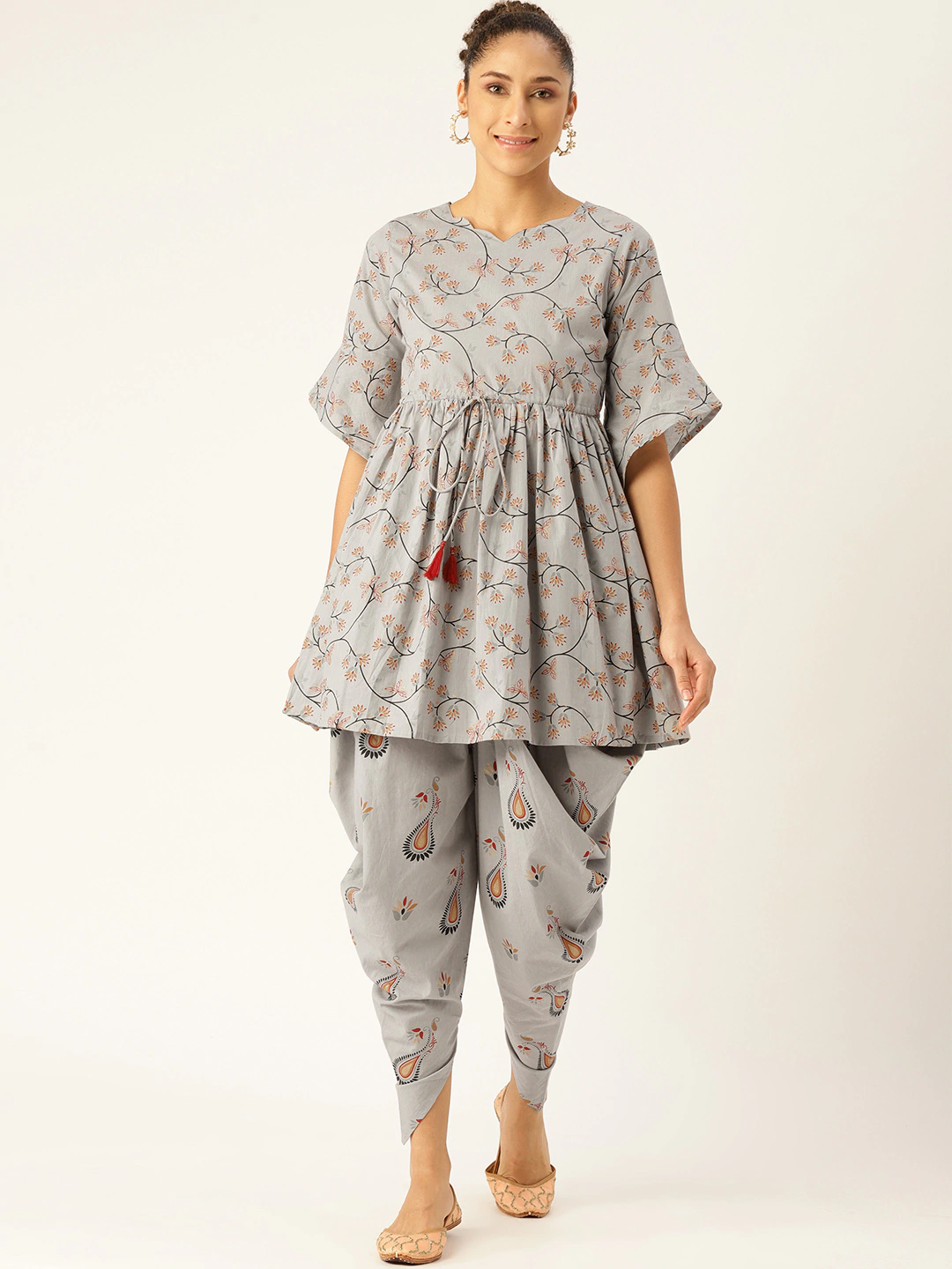Women's Grey Three-Quarter Sleeves Flared Kurta And Dhoti Set