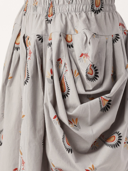 Women's Grey Three-Quarter Sleeves Flared Kurta And Dhoti Set