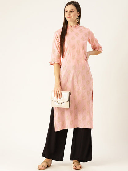 Women's Pink Calf Length Three-Quarter Sleeves Straight Ethnic Motifs Printed Cotton Kurta