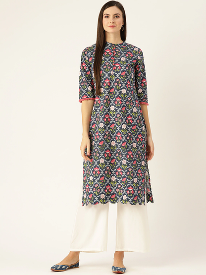 Women's Blue Calf Length Three-Quarter Sleeves Straight Floral Printed Cotton Kurta