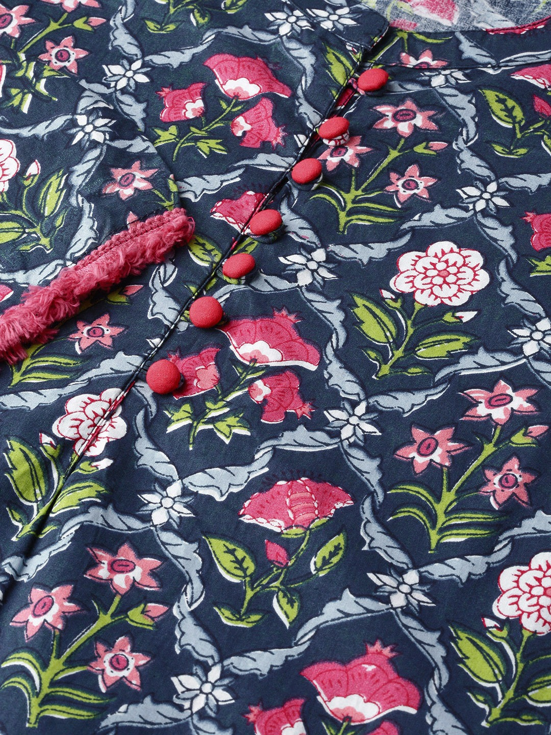 Women's Blue Calf Length Three-Quarter Sleeves Straight Floral Printed Cotton Kurta