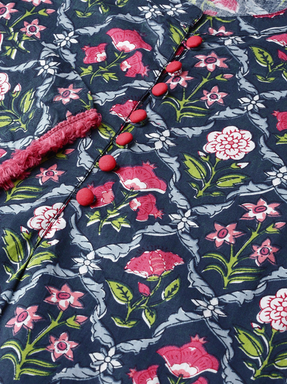 Women's Blue Calf Length Three-Quarter Sleeves Straight Floral Printed Cotton Kurta