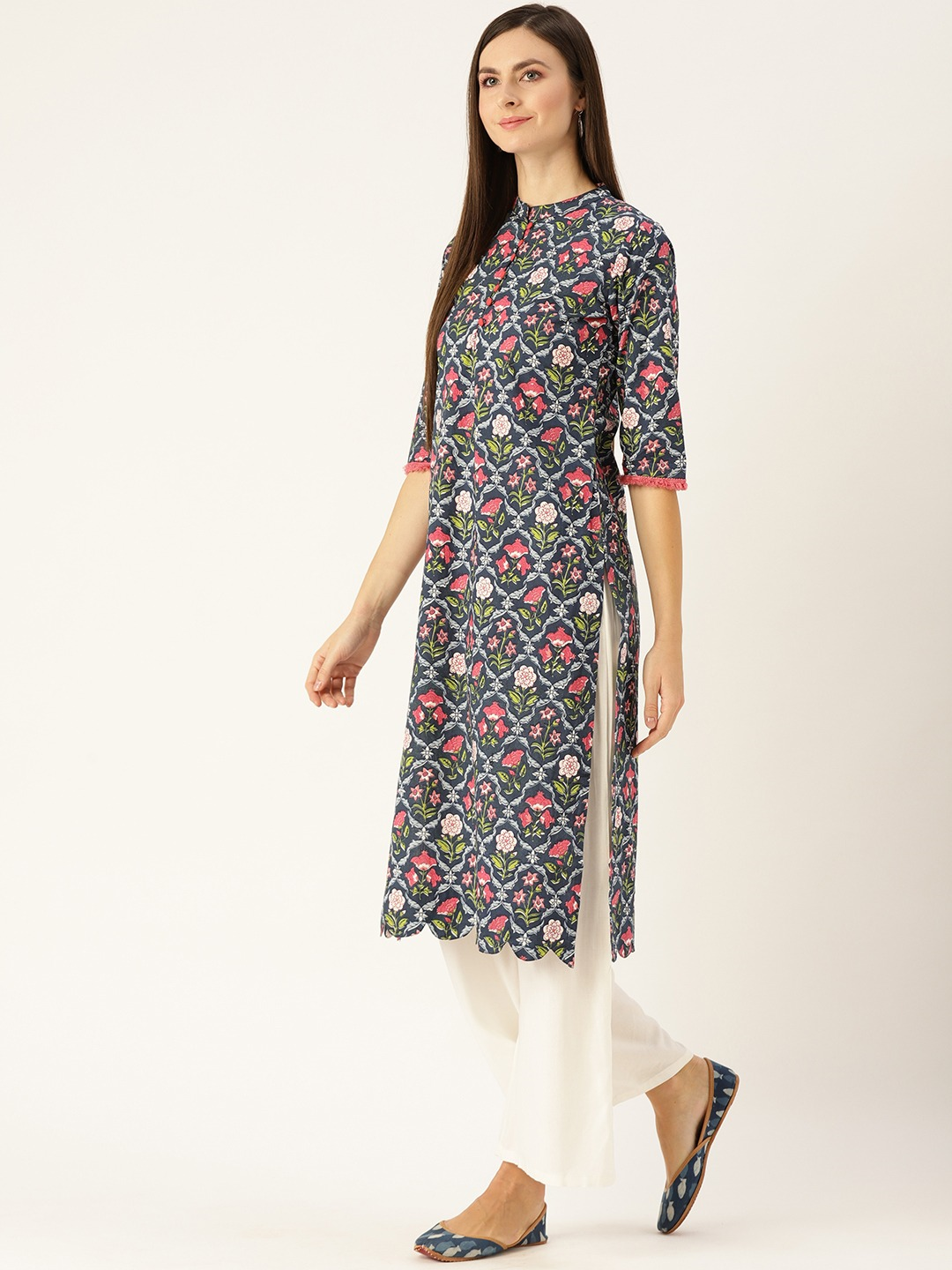 Women's Blue Calf Length Three-Quarter Sleeves Straight Floral Printed Cotton Kurta
