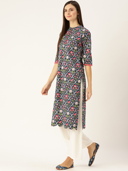 Women's Blue Calf Length Three-Quarter Sleeves Straight Floral Printed Cotton Kurta