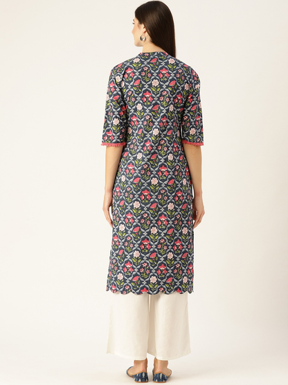 Women's Blue Calf Length Three-Quarter Sleeves Straight Floral Printed Cotton Kurta