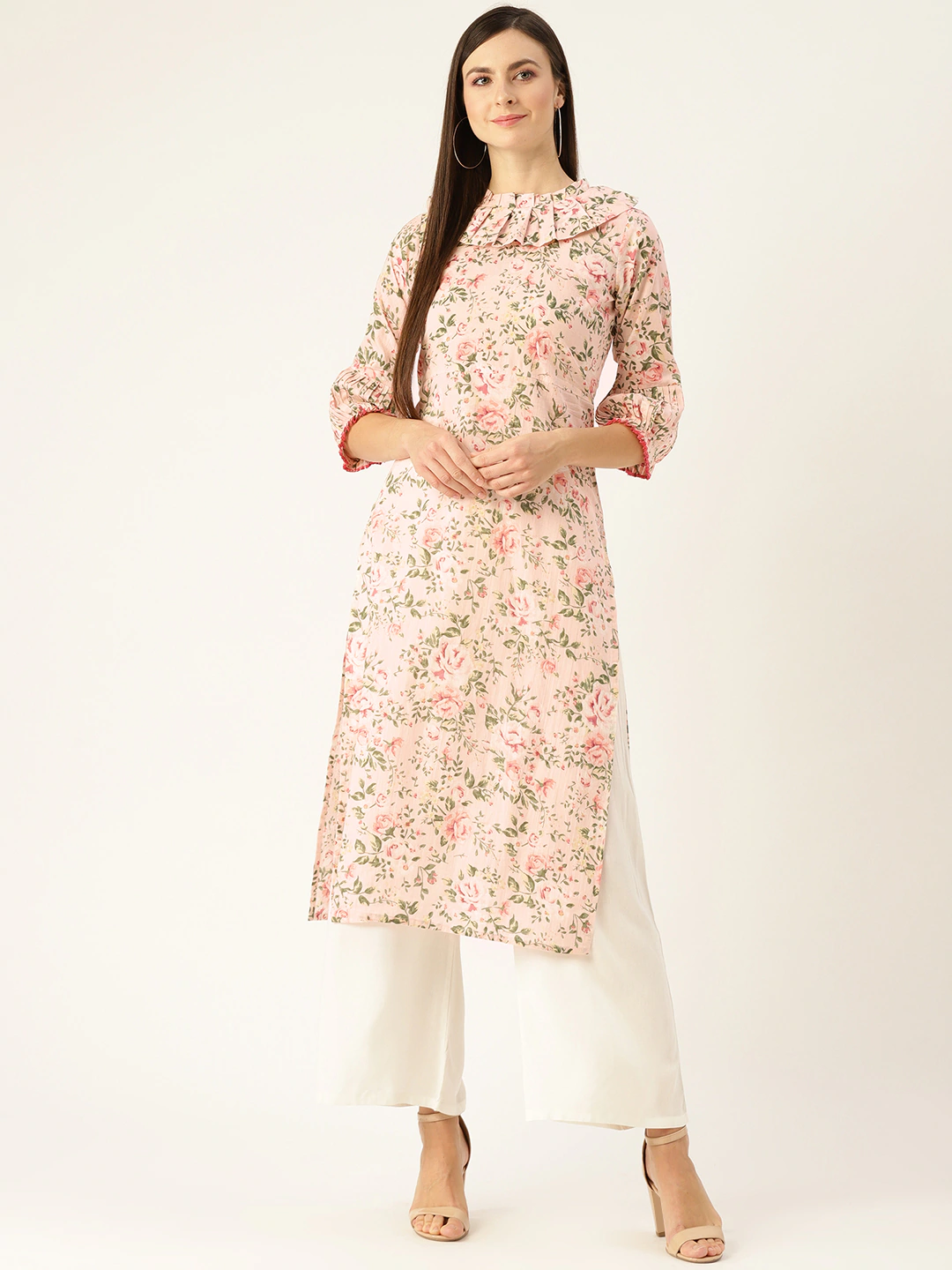Women's Pastel Pink Calf Length Three-Quarter Sleeves Straight Floral Printed  Kurta